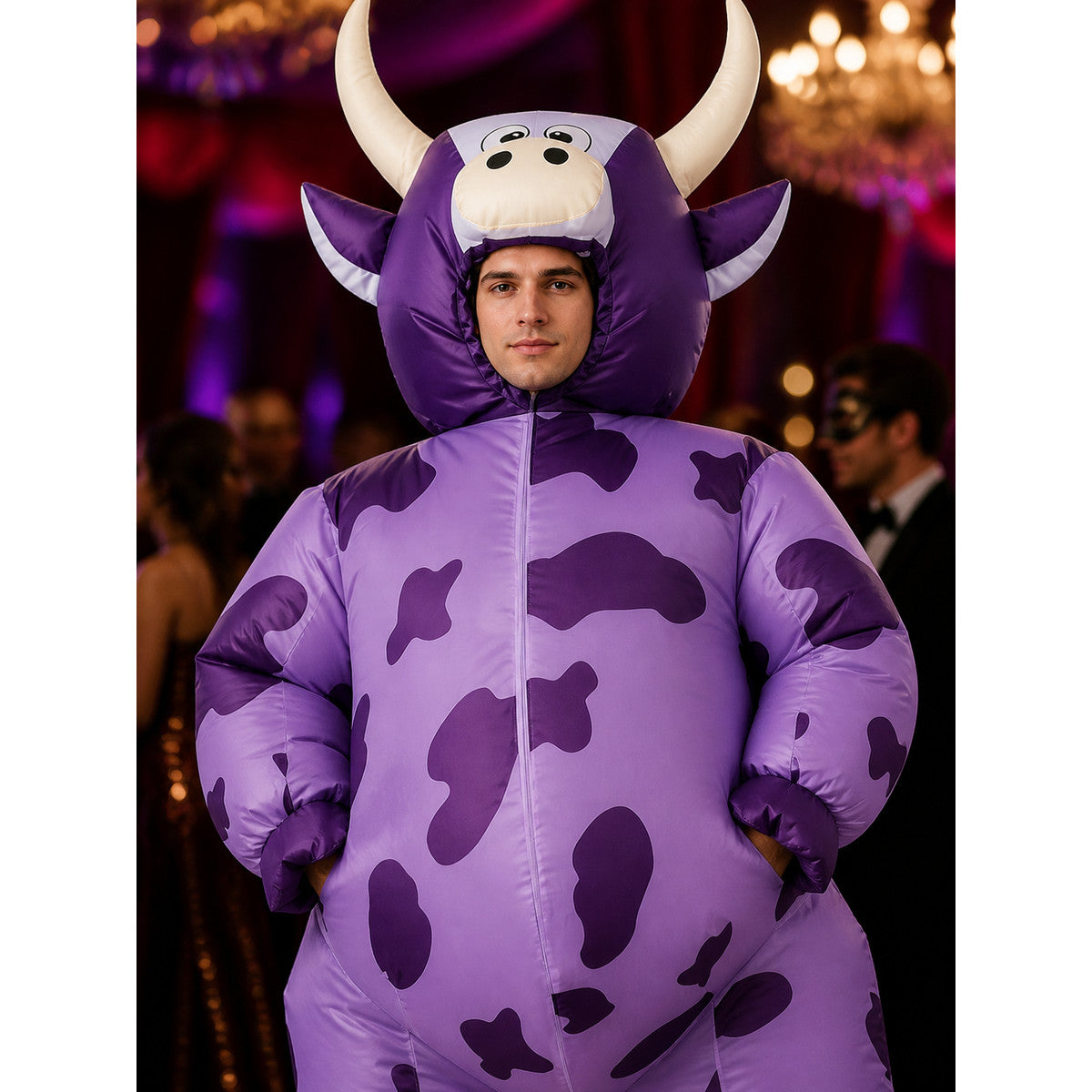 Purple Cow Onesie Costume, Hooded Animal Jumpsuit with Horns for Halloween on-model view