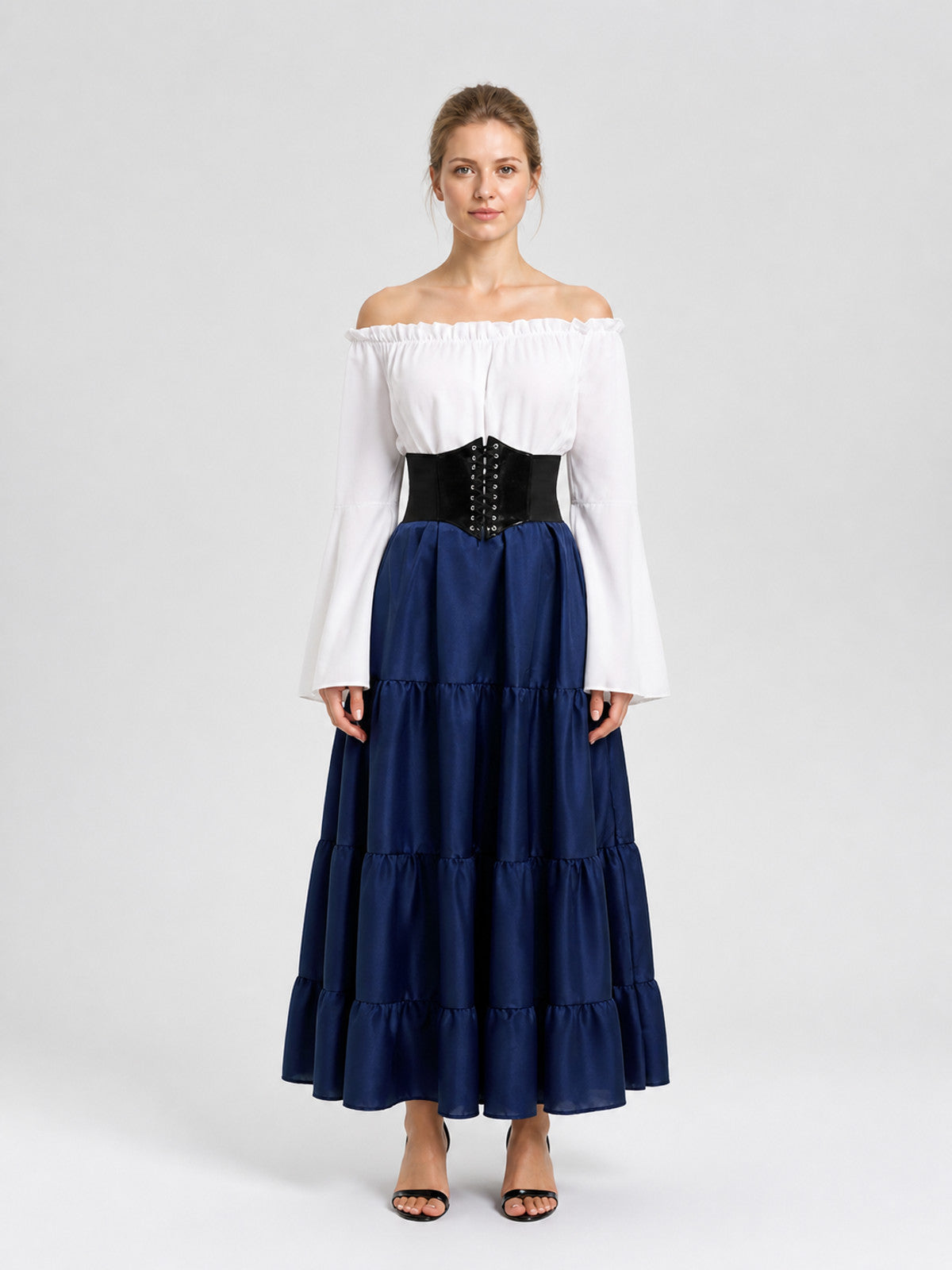 Long Dress with Flared Sleeves, Tiered Skirt on-model view