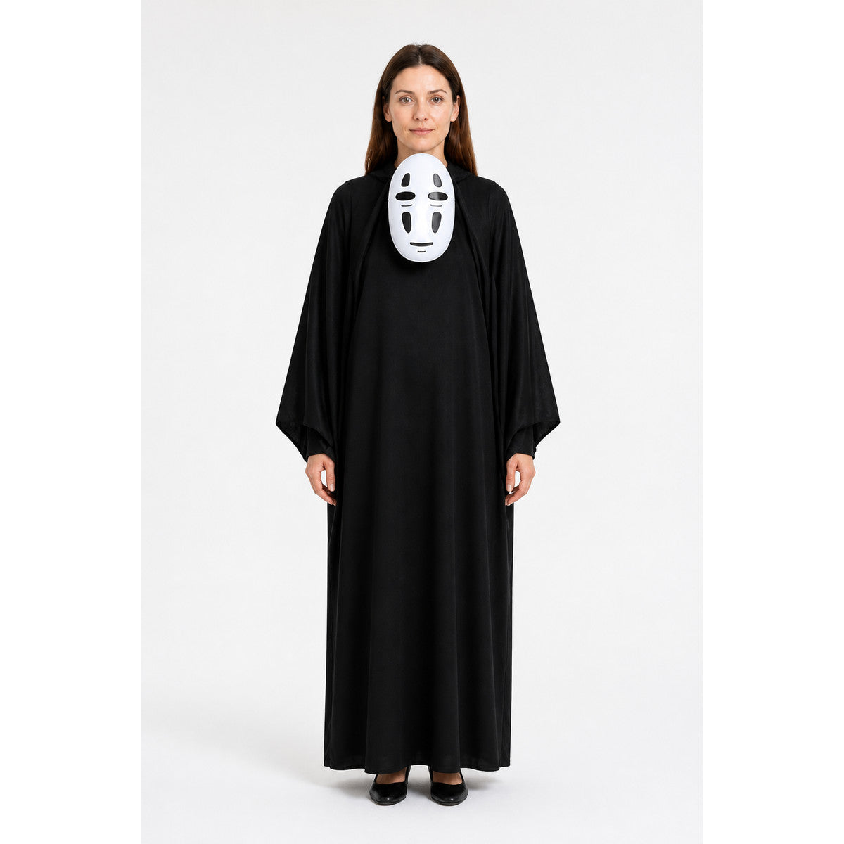 No-Face Costume: Black Hooded Robe and White Mask main product view