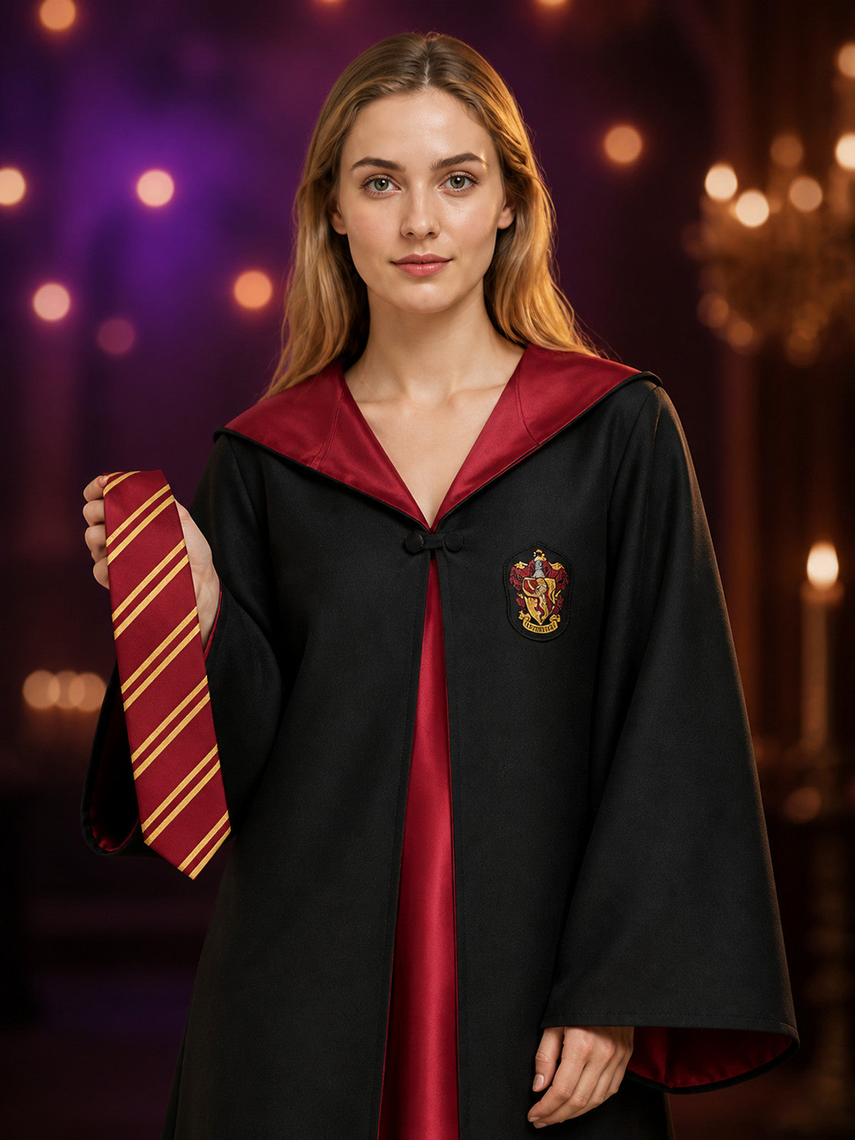 Wizard Robe Costume Set, Black Long Cloak with Red Lining, Striped Tie and Badge on-model view