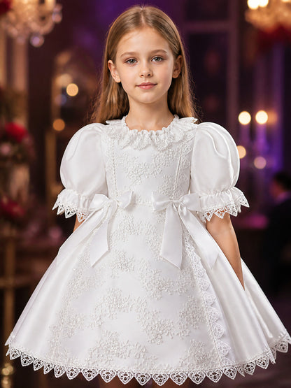 Baby Girls White Lace Princess Dress With Puff Sleeves And Bow Ribbons on-model view