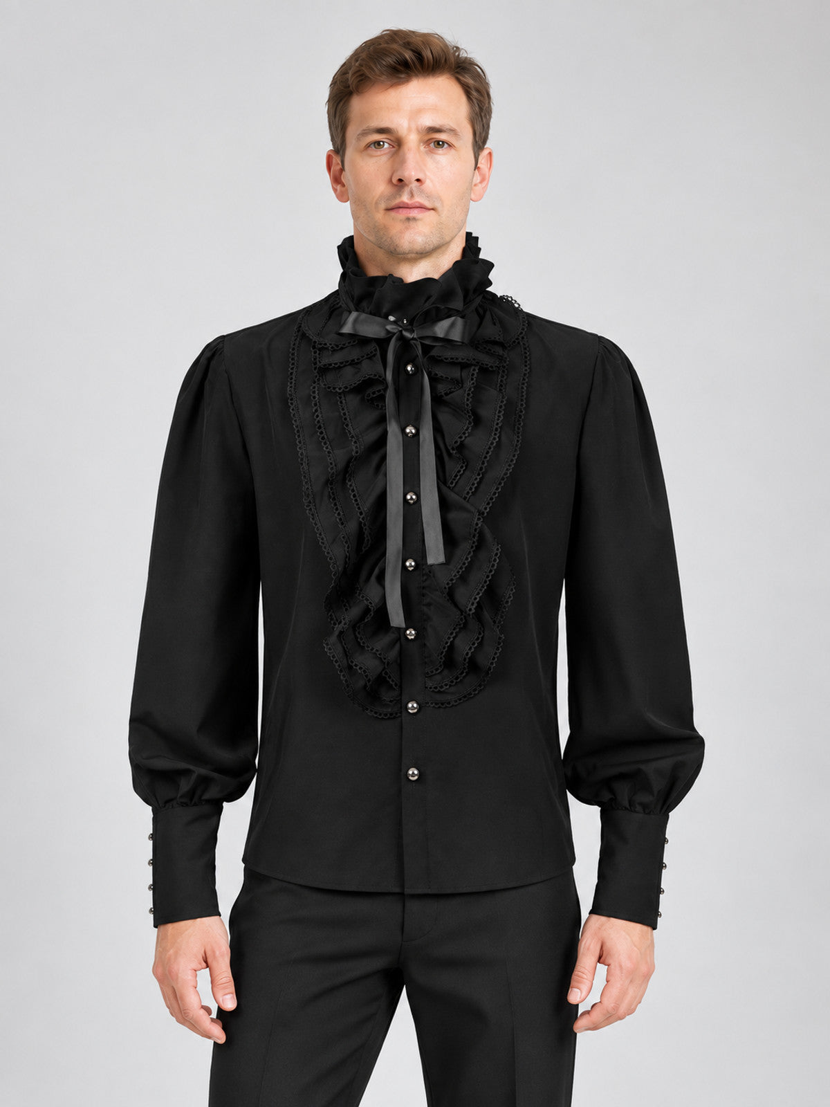 Black shirt with a high collar, ruffles, and lace