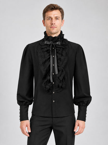 Black shirt with a high collar, ruffles, and lace