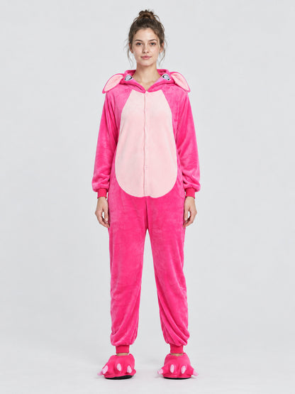 Bright Pink Hooded Pajama Jumpsuit with Ears