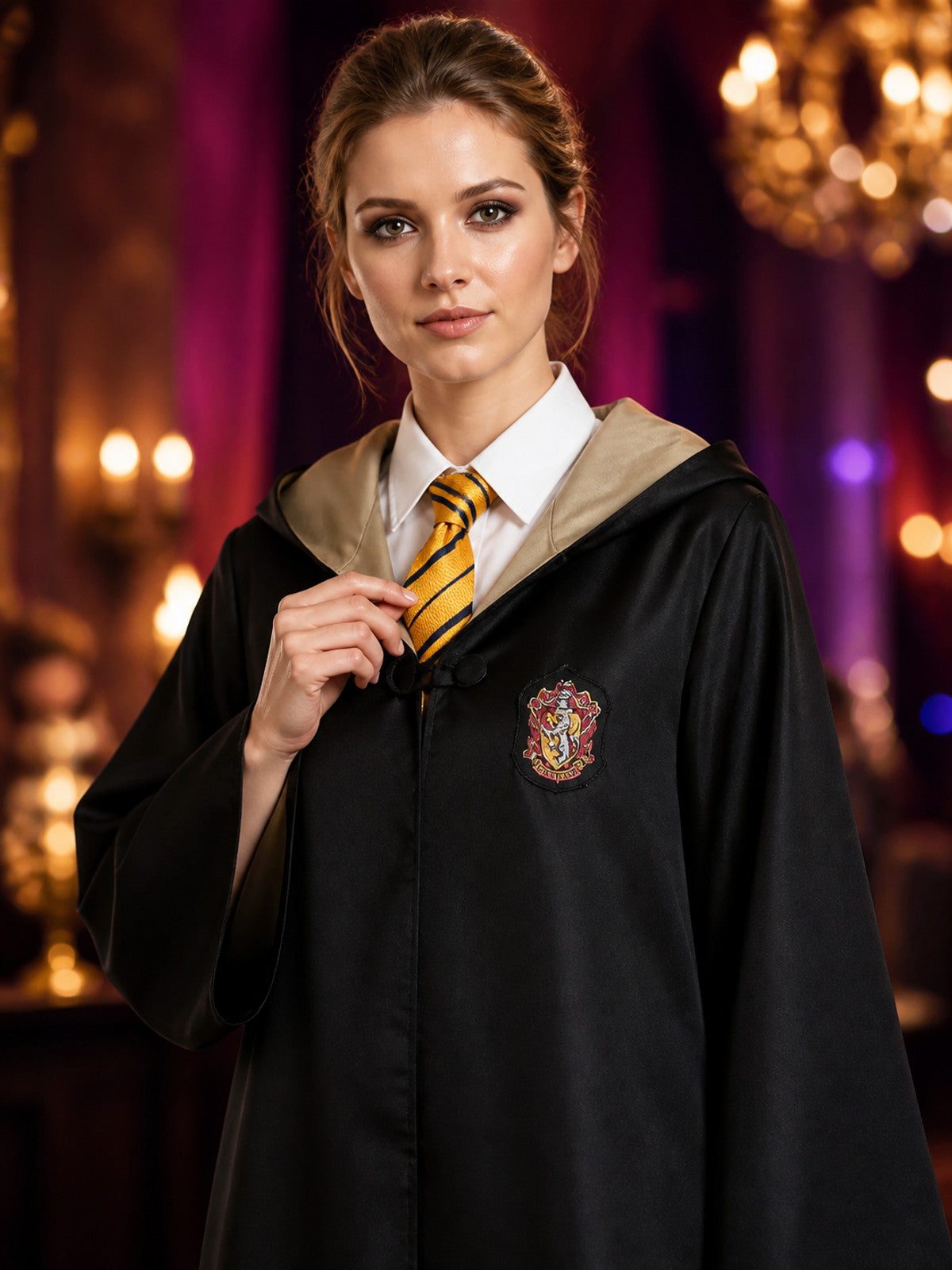 Kids Hufflepuff Wizard Robe Costume Set With Hood and Tie on-model view