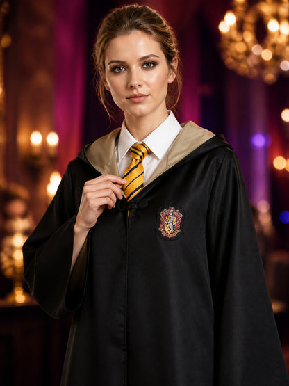 Kids Hufflepuff Wizard Robe Costume Set With Hood and Tie on-model view