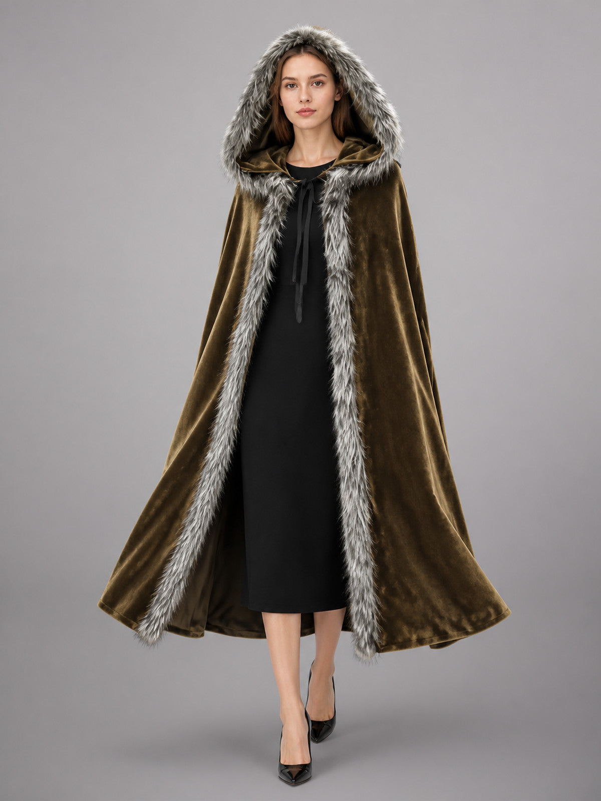 Brown Carnival Cloak with Hood front view