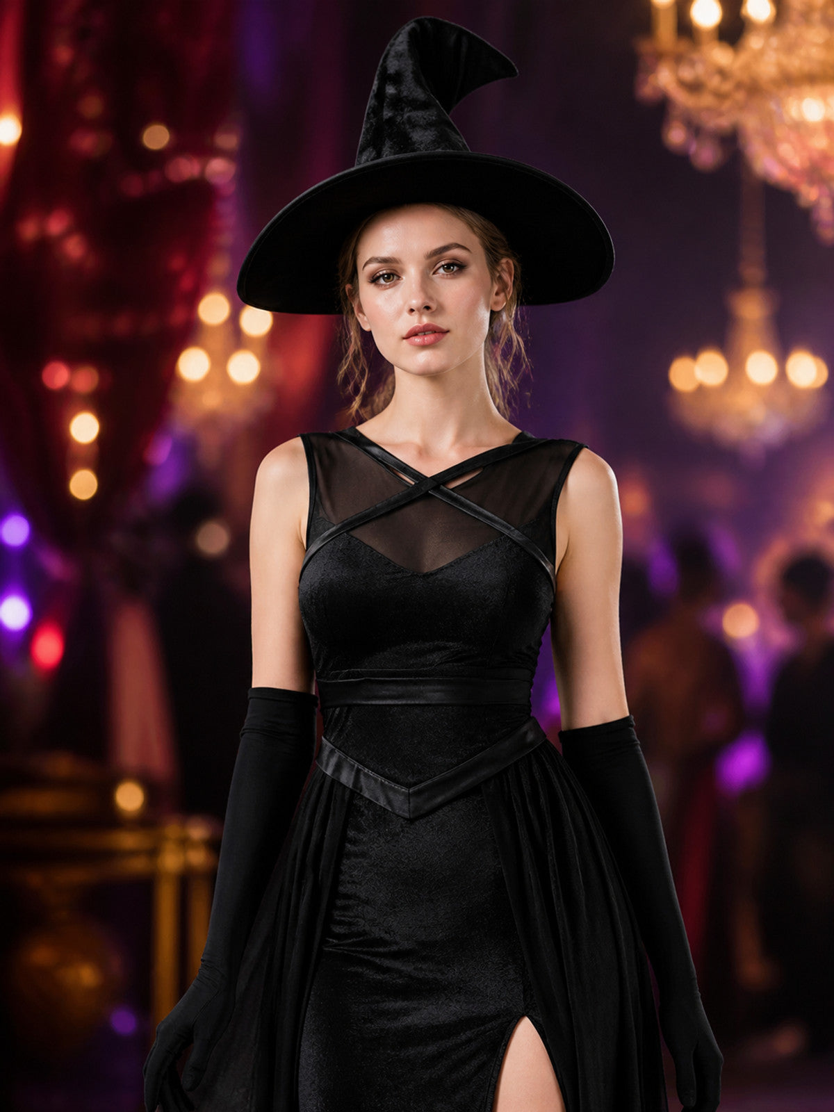 Witch Costume with Chiffon Skirt and Hat on-model view
