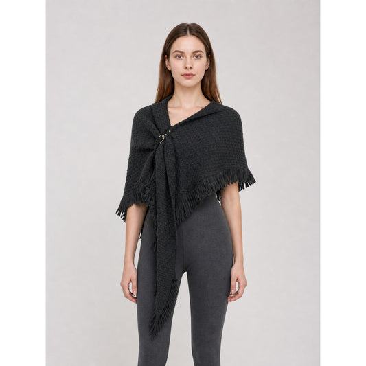 Black triangular wool shawl with fringe
