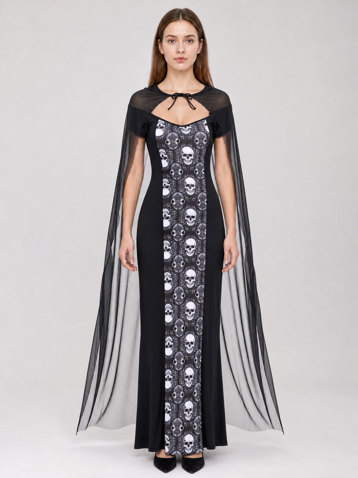 Gothic Carnival Costume with Dress and Cape on-model view