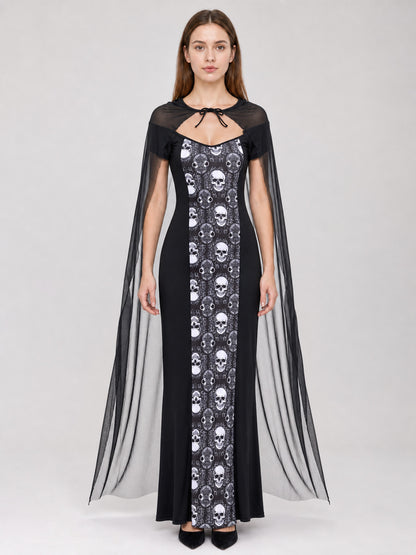 Gothic Carnival Costume with Dress and Cape on-model view