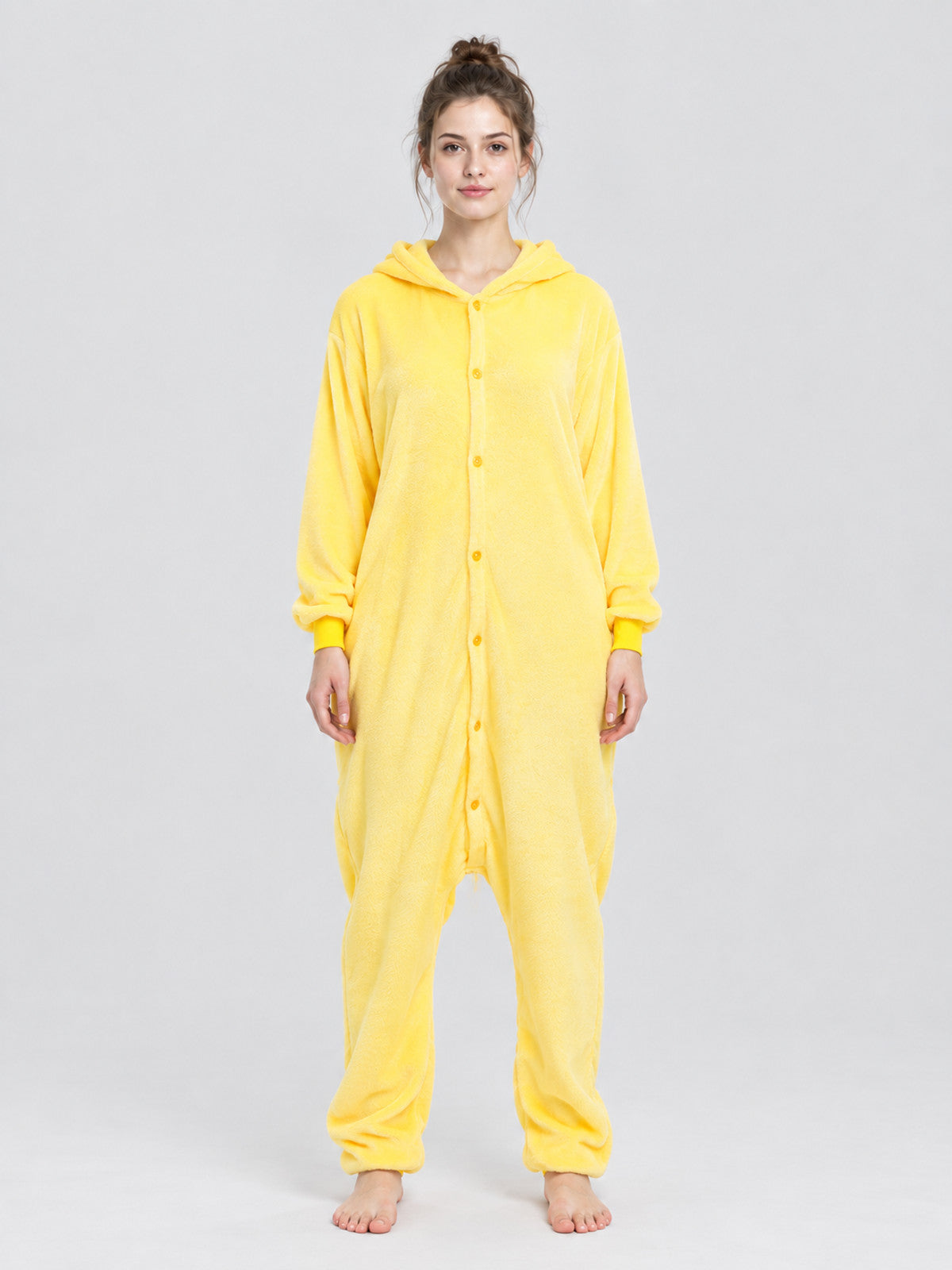 Yellow Hooded Pajama Jumpsuit with Long Sleeves