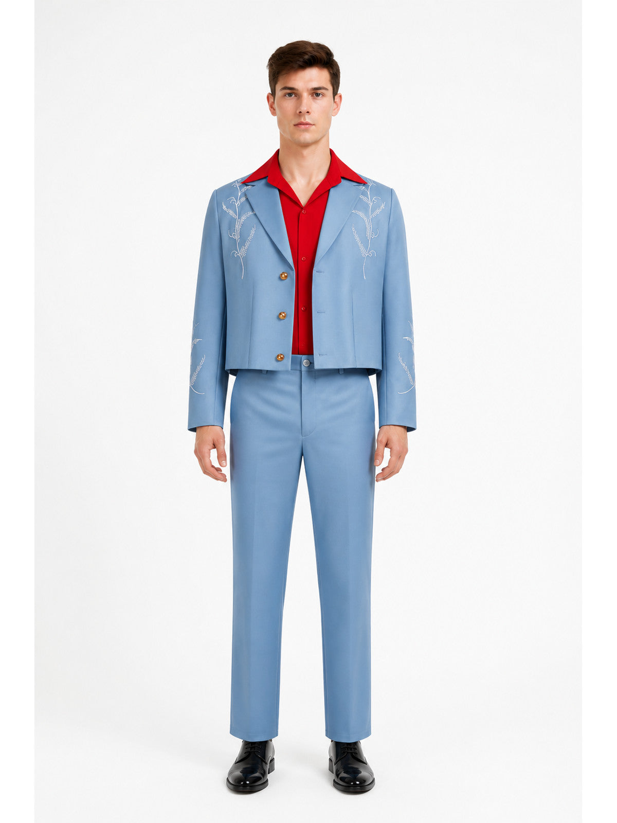 Three-piece suit with embroidery, light blue with a red shirt main product view