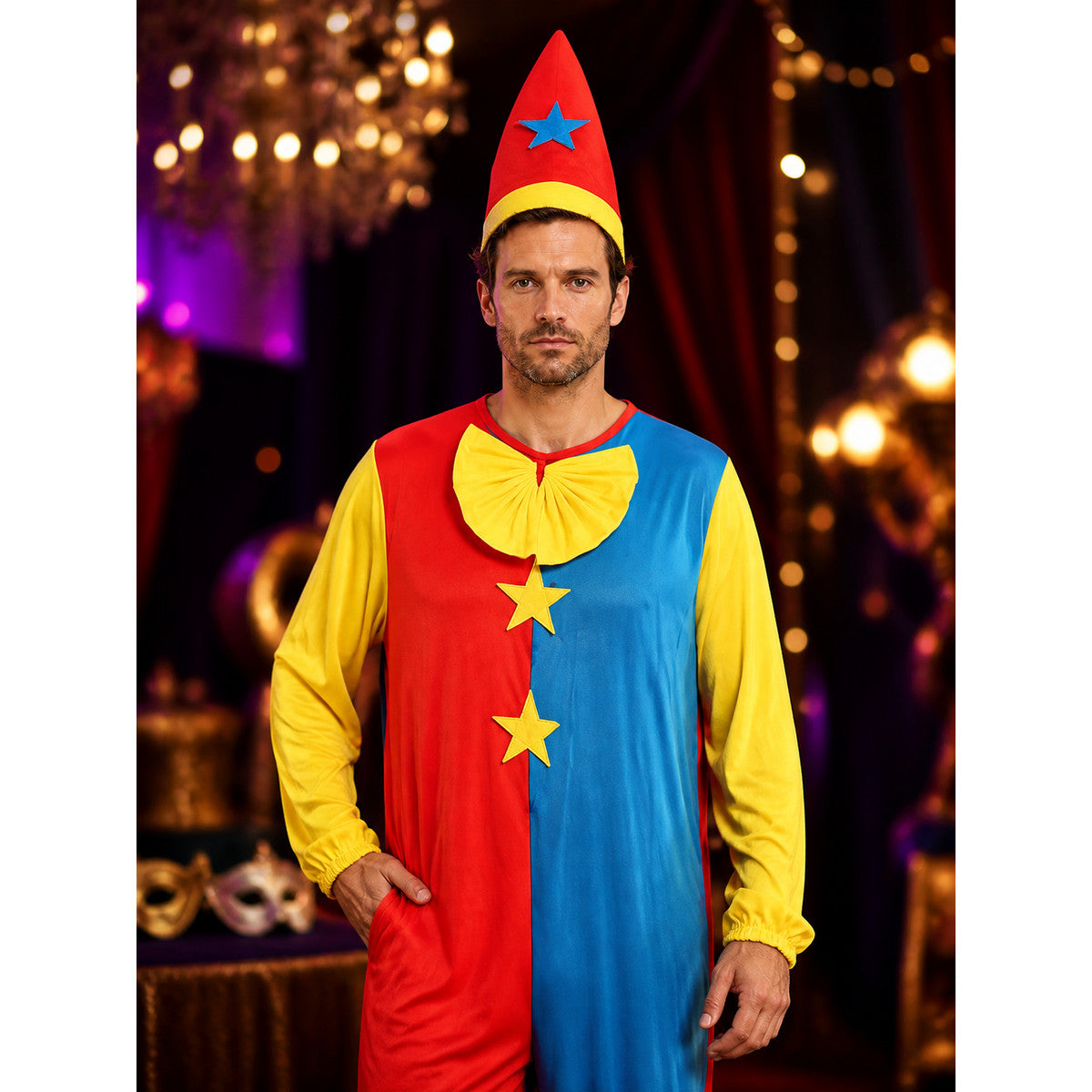 Unisex Clown Jumpsuit Costume with Hat, Colorful Star Print Outfit for Halloween on-model view