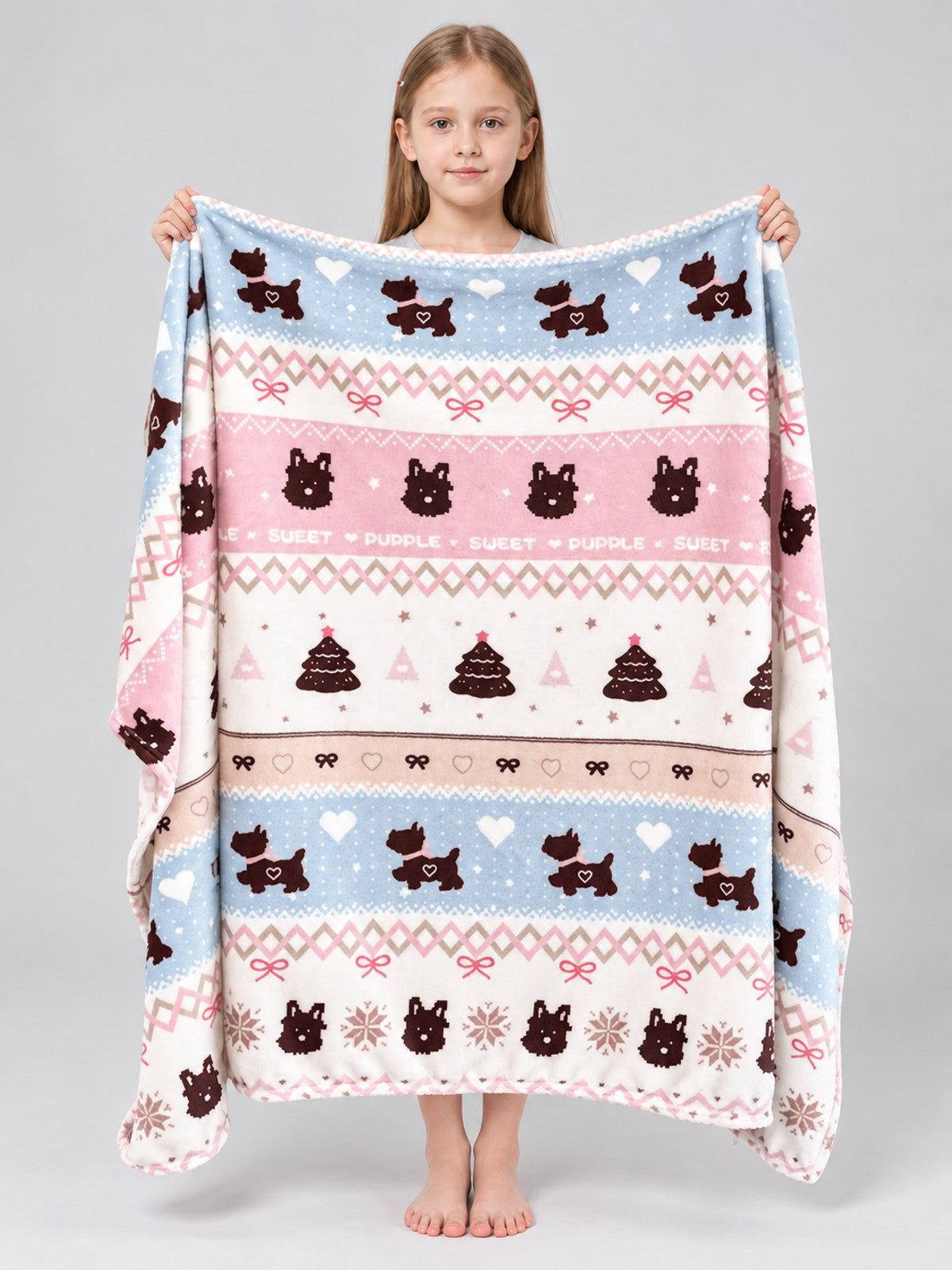 White double-sided milky velour blanket with a dog print