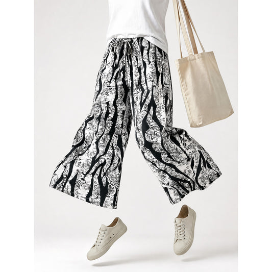 Wide-Leg Pants with Black-and-White Abstract Print