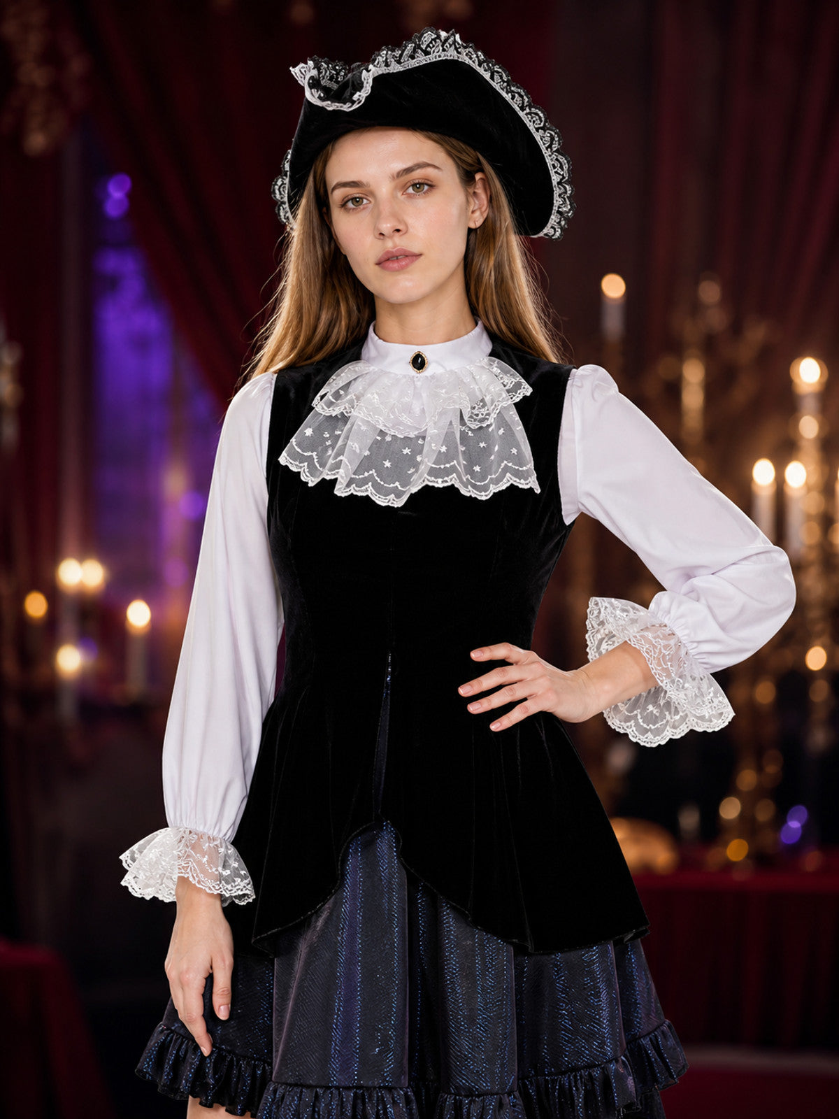 Victorian Pirate Costume with Tricorn Hat for Halloween on-model view
