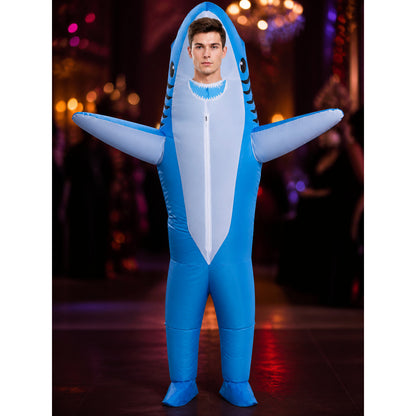 Adult Shark Inflatable Costume, Blue White Fins Bodysuit Halloween Party Outfit on-model view