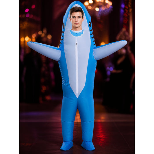 Adult Shark Inflatable Costume, Blue White Fins Bodysuit Halloween Party Outfit on-model view