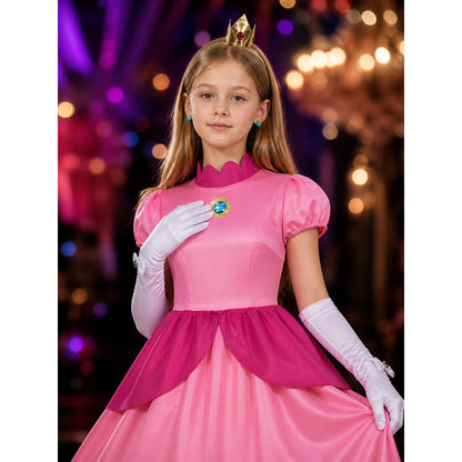 Children's Peach Princess Costume Dress Set with Crown, Gloves, and Brooch on-model view