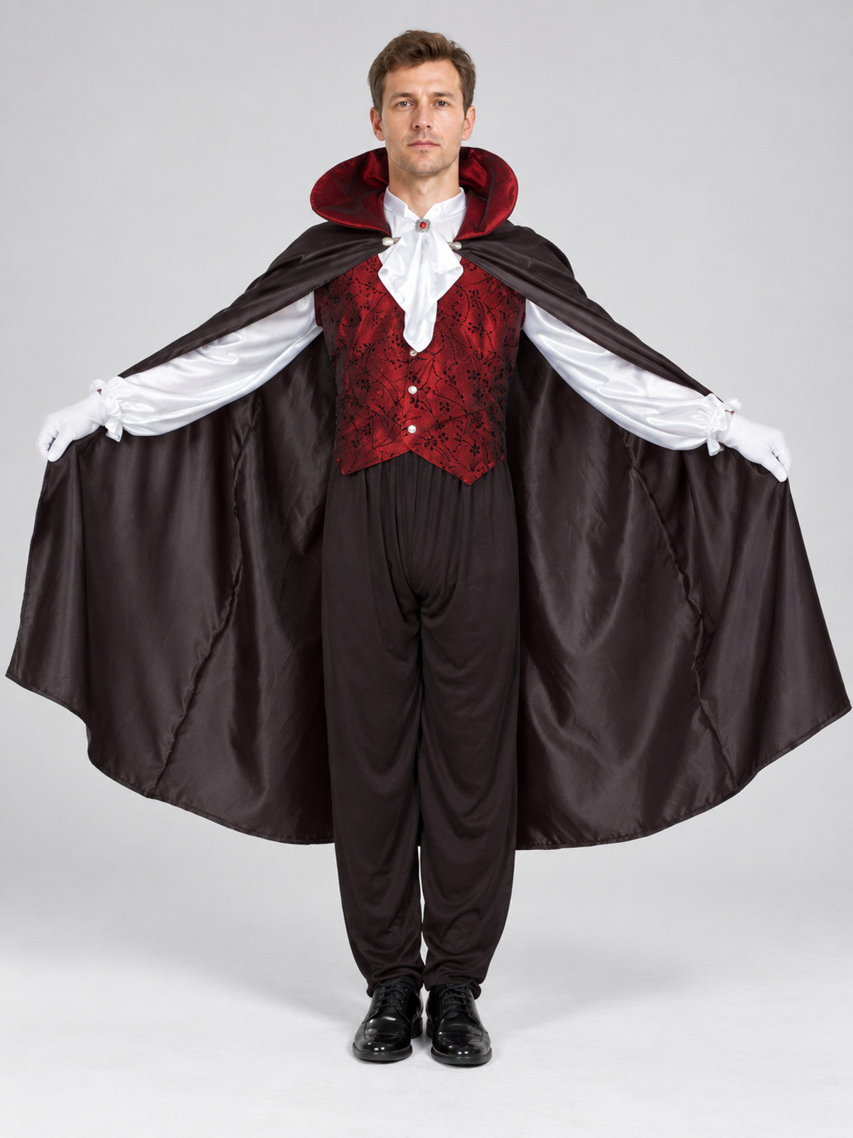 Vampire Costume with Red Vest and Cape on-model view