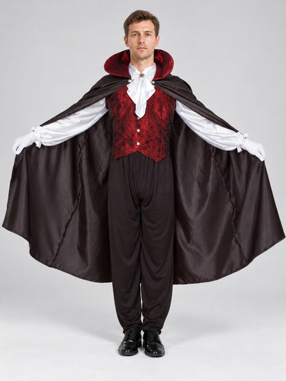 Vampire Costume with Red Vest and Cape on-model view