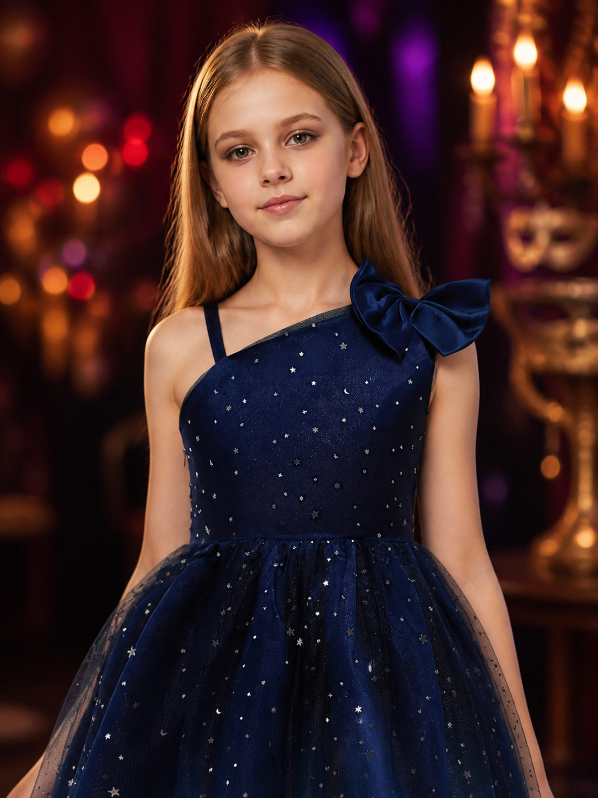 Girls' Navy Princess Dress With Star Moon Sequins, Mesh A-Line Skirt on-model view