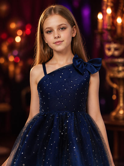 Girls' Navy Princess Dress With Star Moon Sequins, Mesh A-Line Skirt on-model view