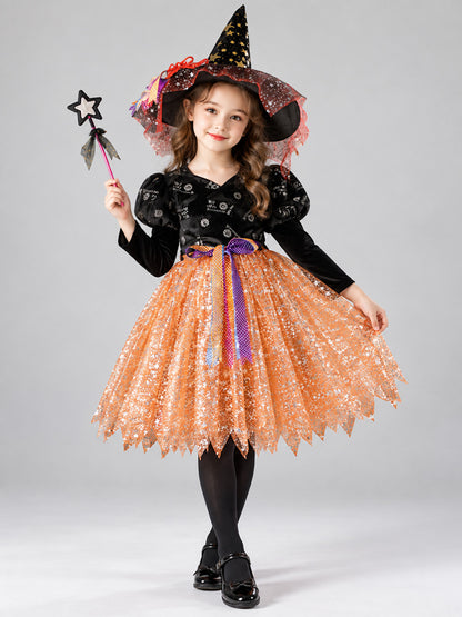 Kids' Witch Halloween Costume with Hat and Wand