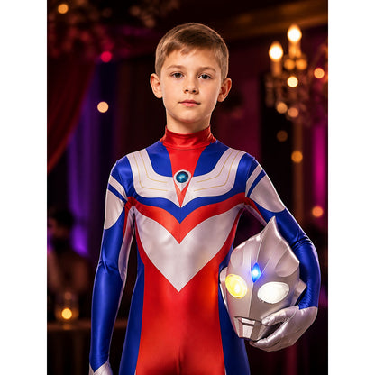 Unisex Superhero Bodysuit Costume with Light-Up Mask, Red Blue White Silver on-model view
