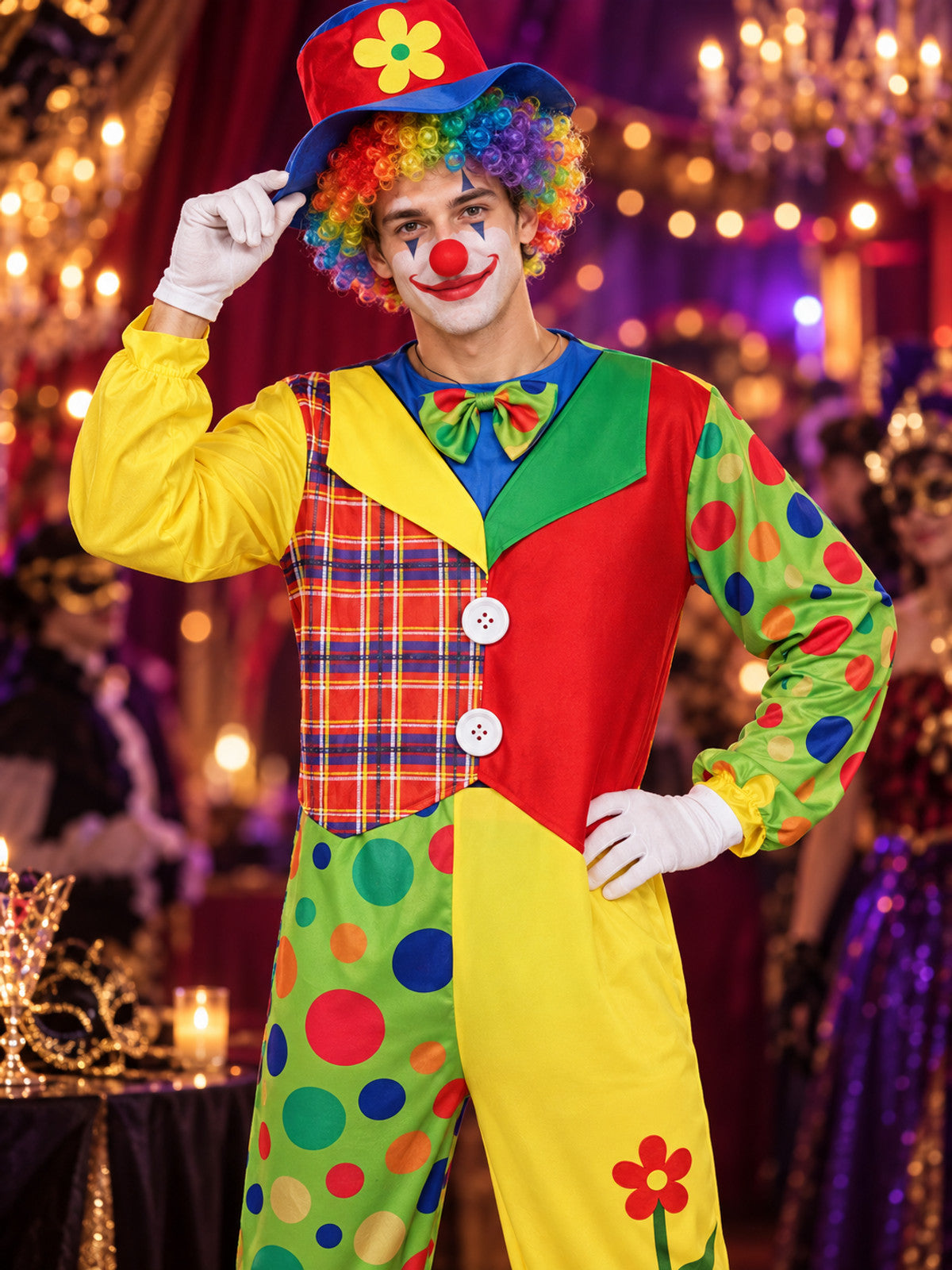 Clown Costume: Multicolor Jumpsuit, Hat, Bow Tie