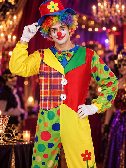 Clown Costume: Multicolor Jumpsuit, Hat, Bow Tie