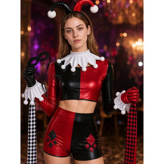 Women's Black Red Harlequin Clown Costume Set, Sexy Circus Outfit with on-model view