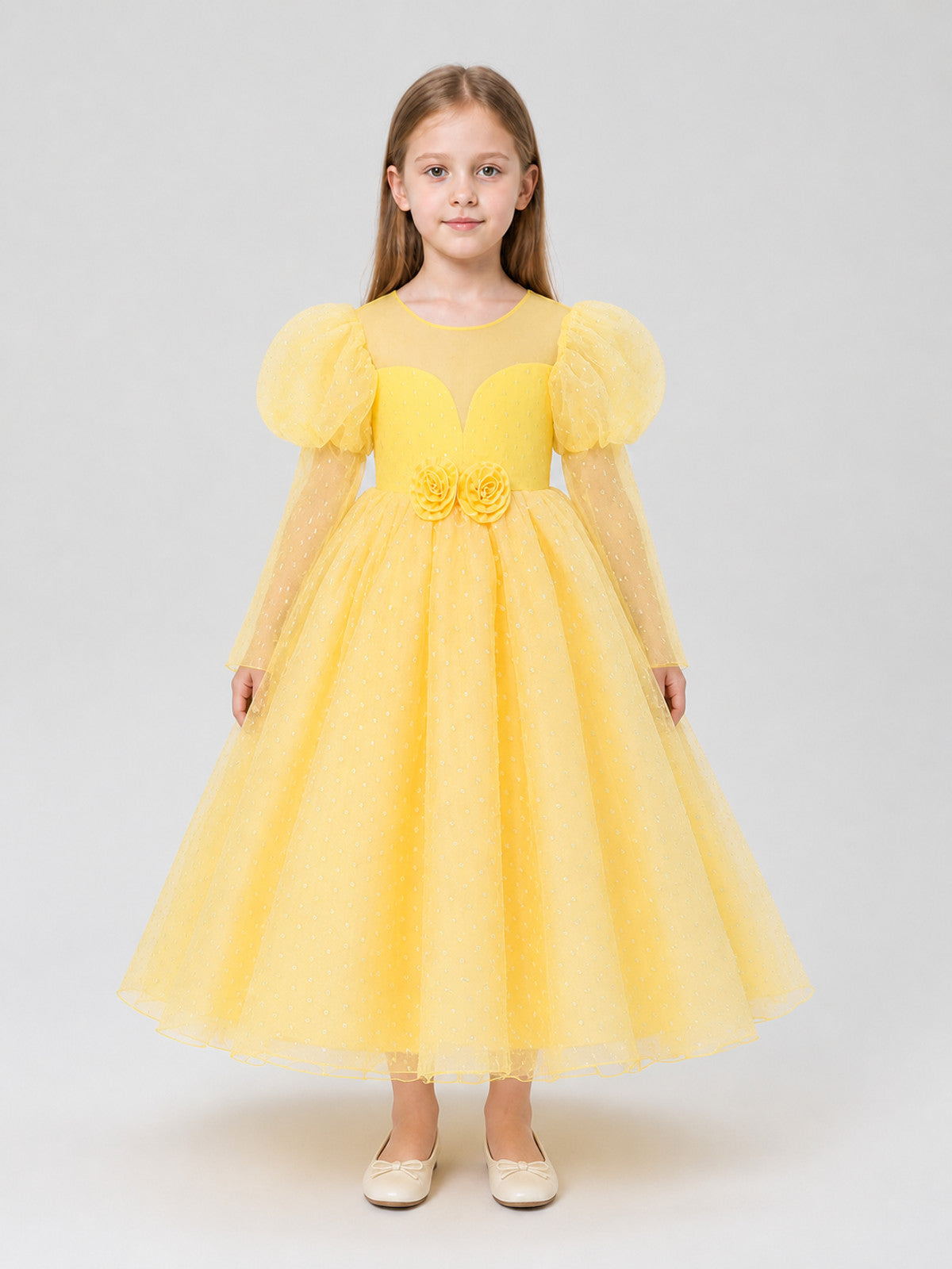 Yellow Princess Dress with Puff Sleeves and Flowers on-model view