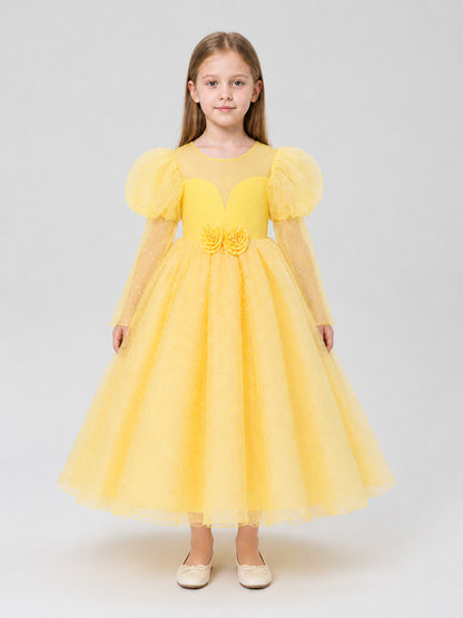 Yellow Princess Dress with Puff Sleeves and Flowers on-model view