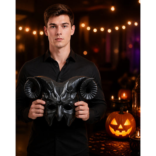 1pc Halloween Horned Demon Full-Face Mask with Curled Horns for Cosplay Party