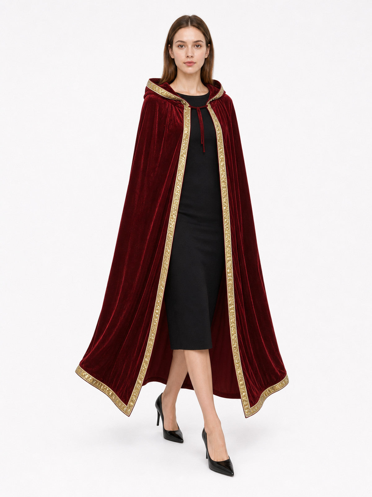 Burgundy Carnival Cape with Hood and Gold Trim front view