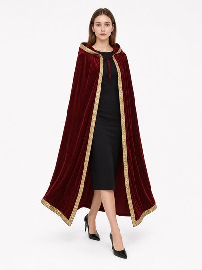 Burgundy Carnival Cape with Hood and Gold Trim front view