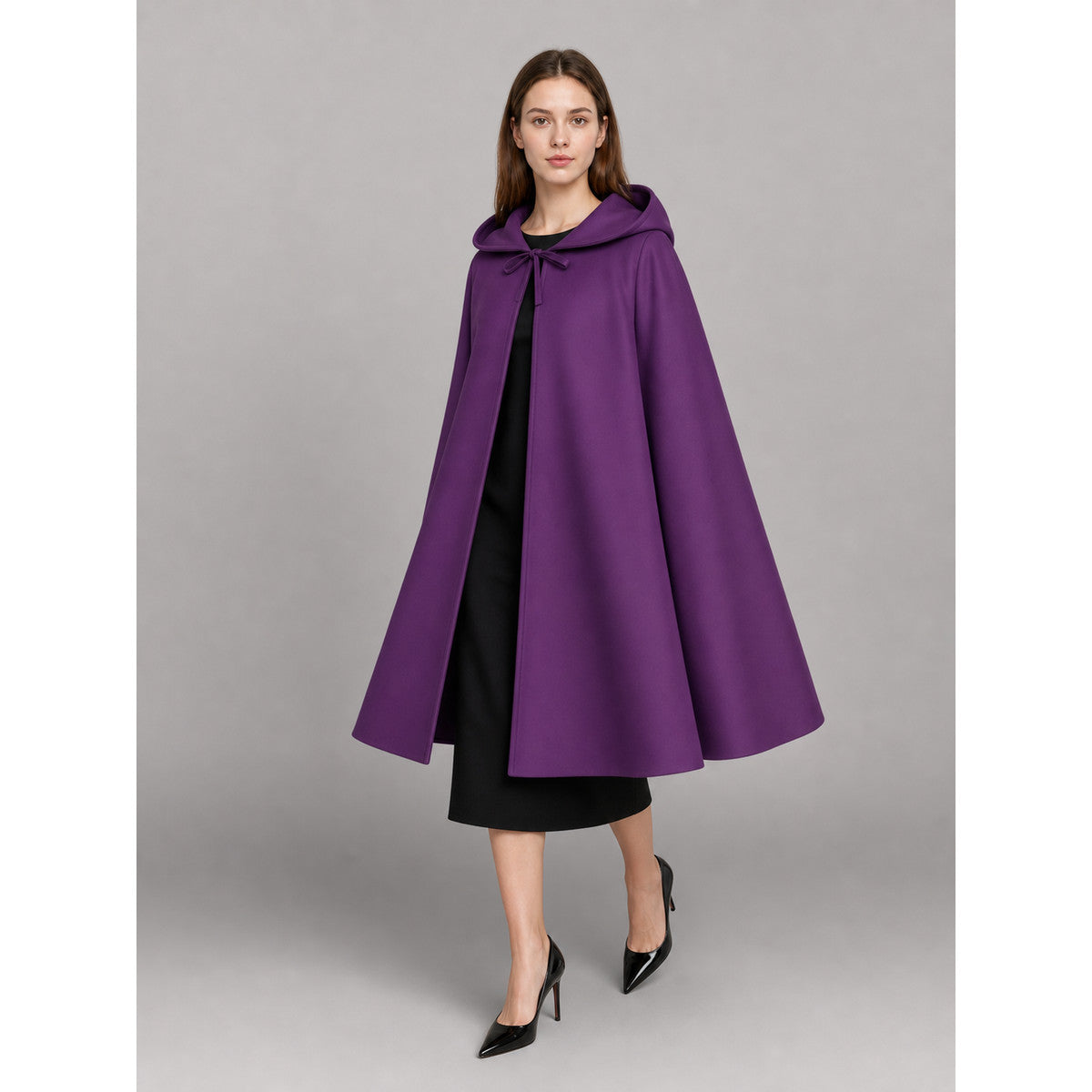 Purple hooded costume cloak with zipper front view