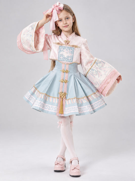 Lolita-Style Costume with Blue Skirt and Gold Trim