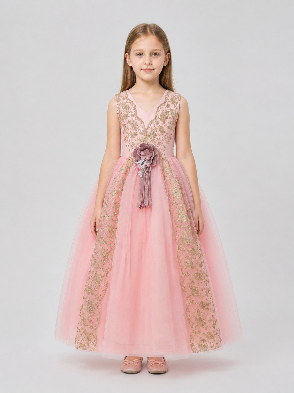 Full Skirt Dress with a V-Neckline and Floral Decoration