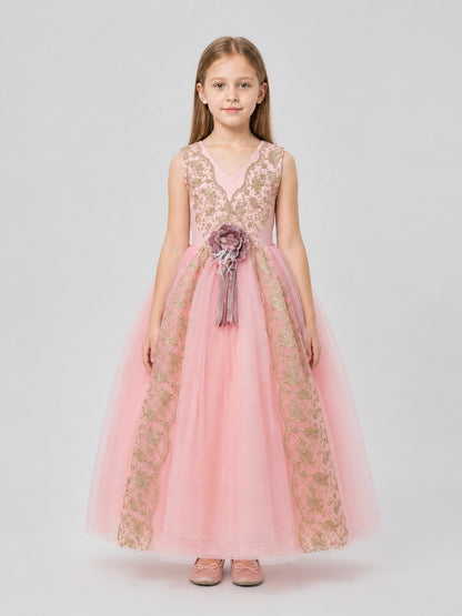 Full Skirt Dress with a V-Neckline and Floral Decoration