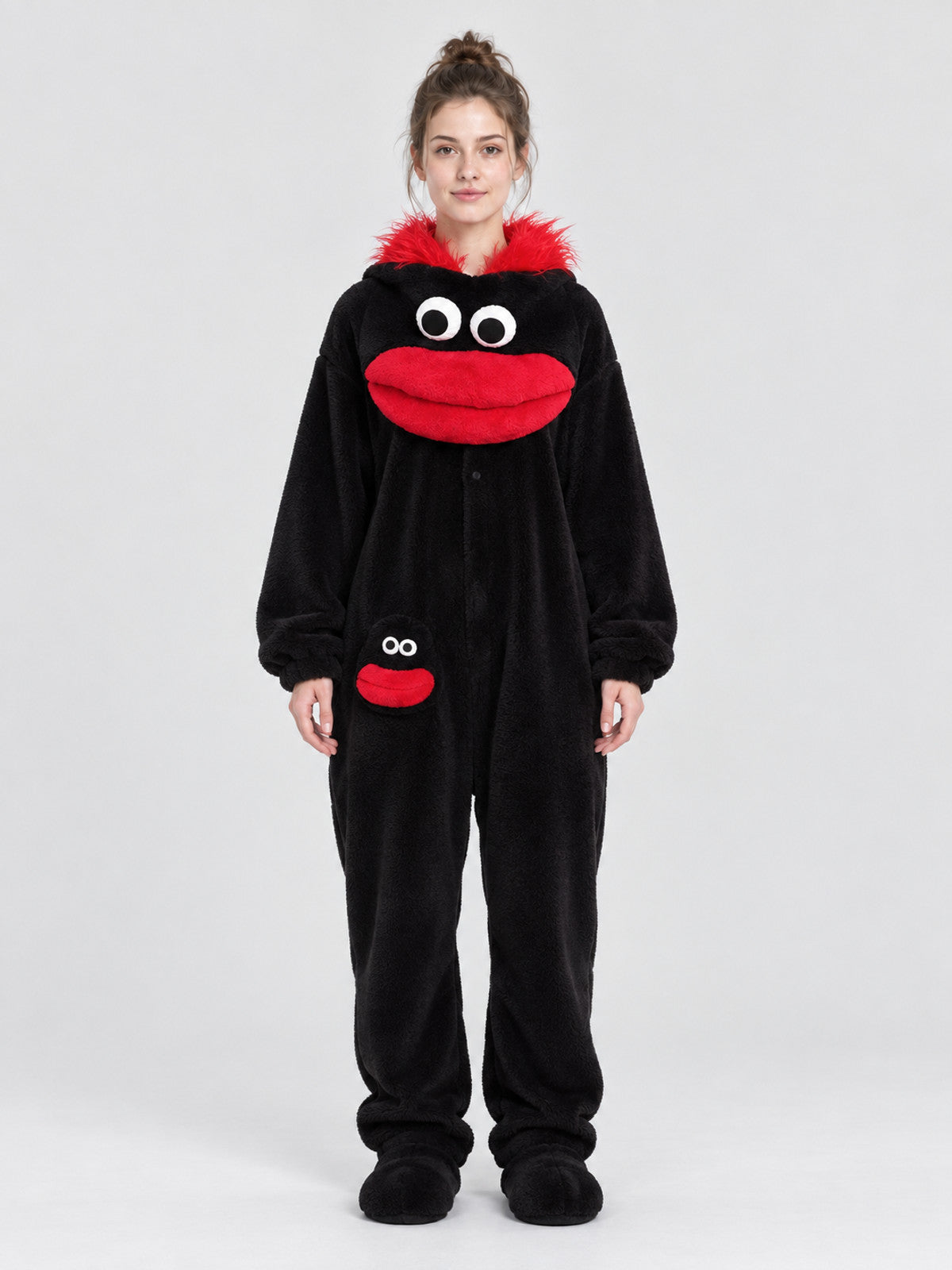 Black One-Piece Pajama Jumpsuit with Cartoon Monster