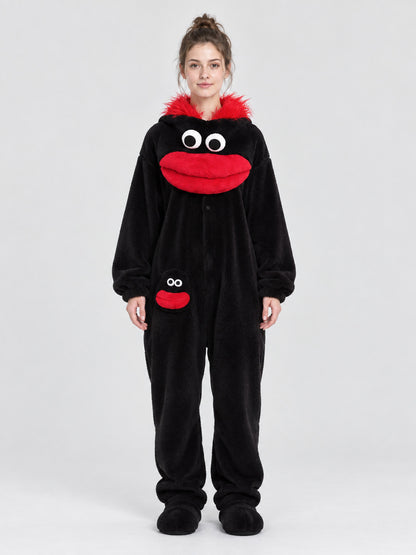 Black One-Piece Pajama Jumpsuit with Cartoon Monster