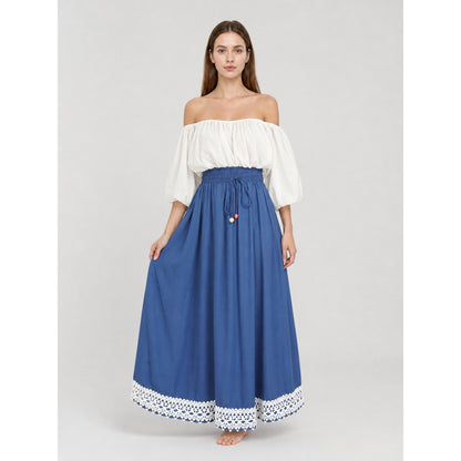 Long blue A-line maxi skirt with lace