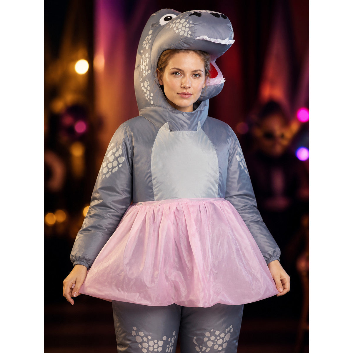 Dinosaur Inflatable Costume with Pink Skirt and White Spots, Funny Halloween on-model view