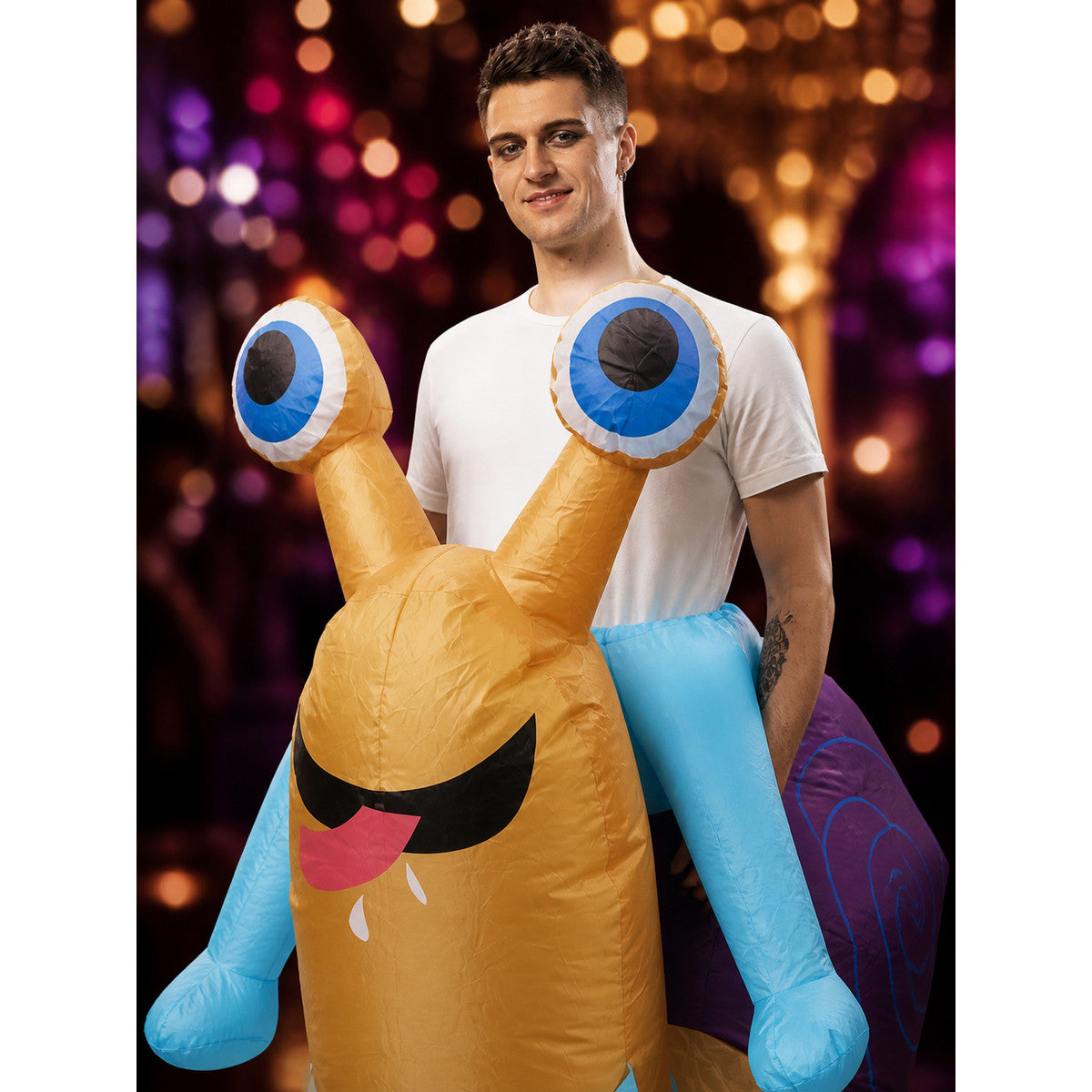 Cartoon Snail Inflatable Costume with Purple Shell, Funny Halloween Outfit on-model view