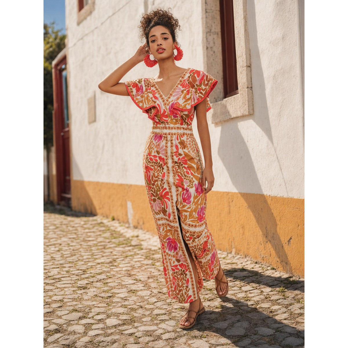 One-piece jumpsuit with a V-neckline, short sleeves, and wide-leg pants. The design is made as a single construction with a connection at the waistline. The upper part features a V-neckline and short sleeves, while decorative patterned elem