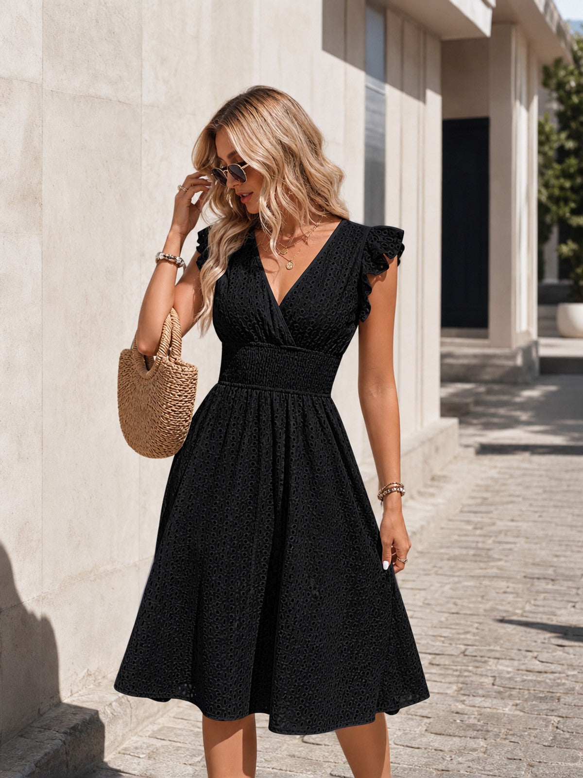 Women's Black Summer Midi Dress with V-Neck main product view