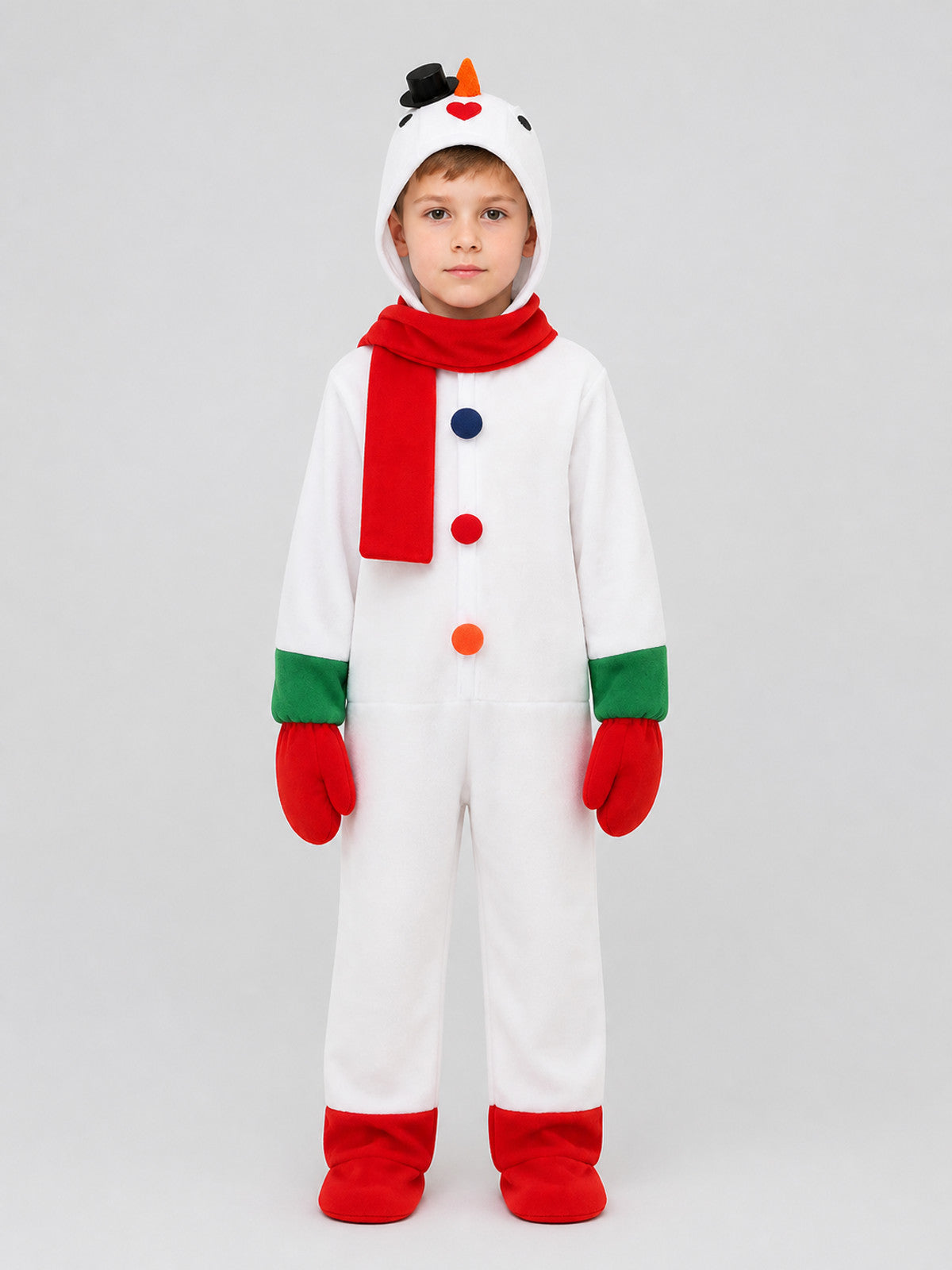 Snowman Costume: Jumpsuit with Scarf and Mittens on-model view